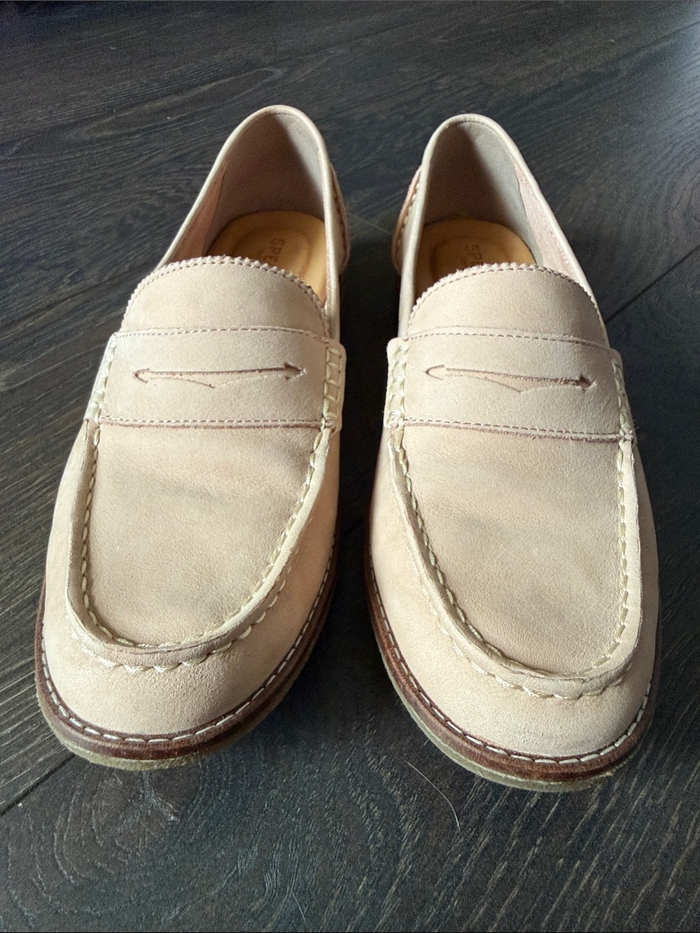 Sperry Penny Loafers in Light Pink Suede